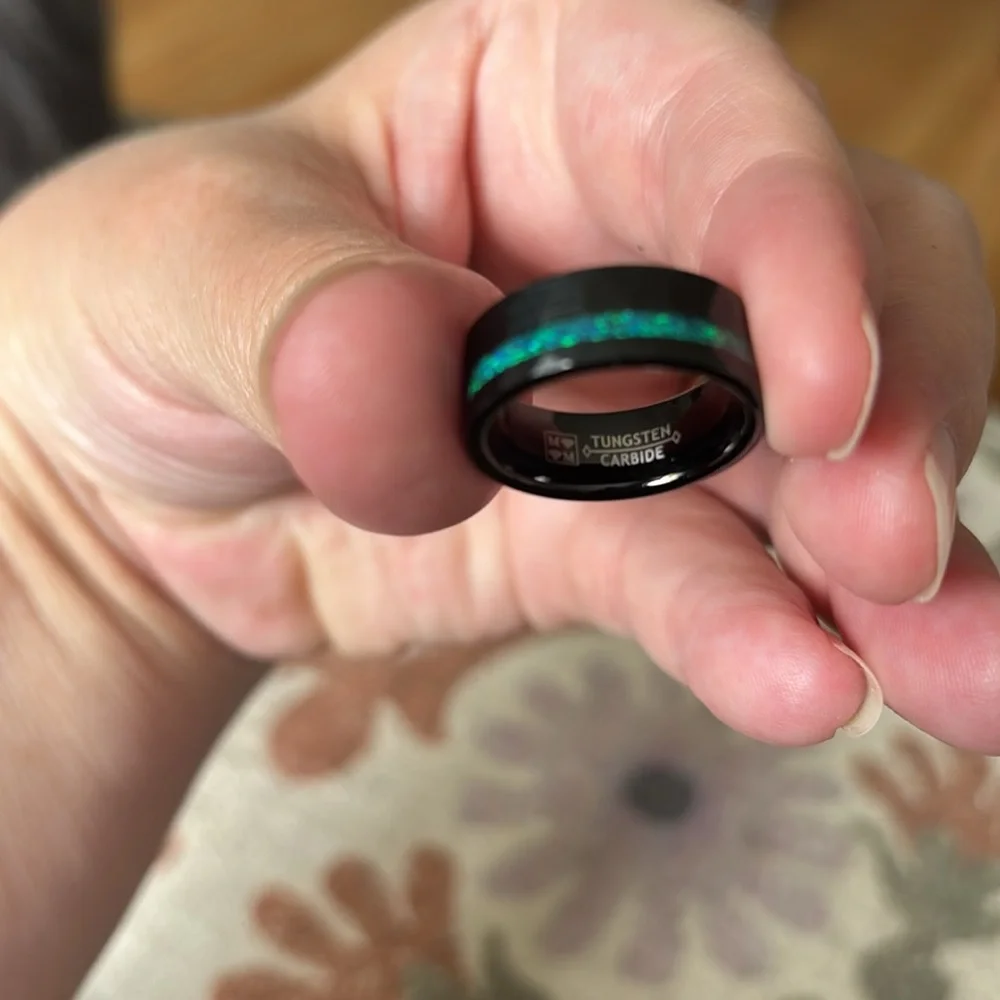 The Tyler Black - Green Opal /‎ Tungsten Men's Wedding Band Hammered